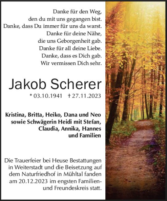 Traueranzeige von Jakob Scherer von Darmstädter Echo