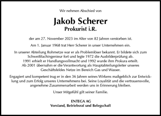 Traueranzeige von Jakob Scherer von Odenwälder Echo