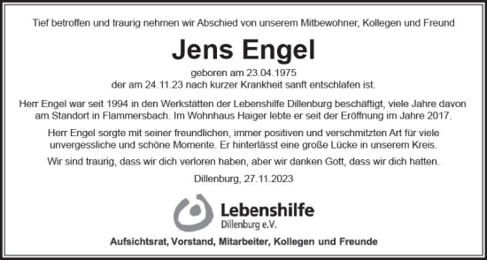Traueranzeige von Jens Engel von Dill Block