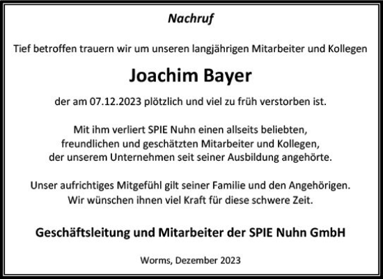 Traueranzeige von Joachim Bayer von Allgemeine Zeitung Mainz
