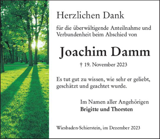 Traueranzeige von Joachim Damm von Wiesbadener Kurier