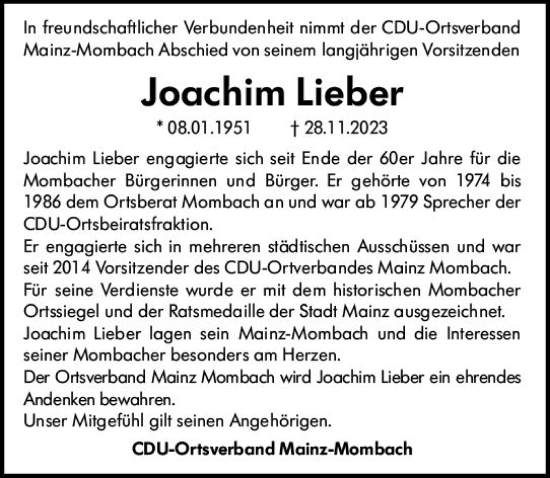 Traueranzeige von Joachim Lieber von Allgemeine Zeitung Mainz