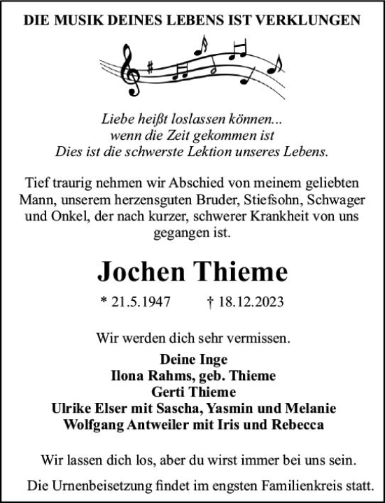 Traueranzeige von Jochen Thieme von Rüsselsheimer Echo