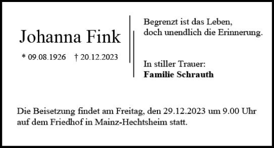 Traueranzeige von Johanna Fink von Allgemeine Zeitung Mainz