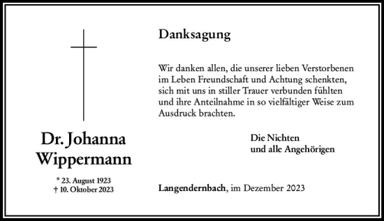 Traueranzeige von Johanna Wippermann von Nassauische Neue Presse