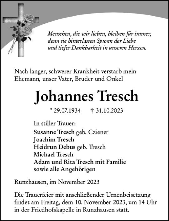 Traueranzeige von Johannes Tresch von Hinterländer Anzeiger