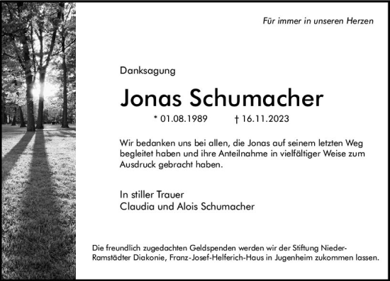 Traueranzeige von Jonas Schumacher von Allgemeine Zeitung Bingen/Ingelheim