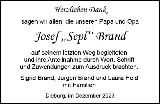 Traueranzeige von Josef Brand von Dieburger Anzeiger/Groß-Zimmerner Lokal-Anzeiger
