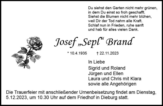 Traueranzeige von Josef Brand von Dieburger Anzeiger/Groß-Zimmerner Lokal-Anzeiger