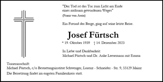 Traueranzeige von Josef Fürtsch von Allgemeine Zeitung Mainz