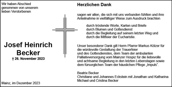 Traueranzeige von Josef Heinrich Becker von Allgemeine Zeitung Mainz