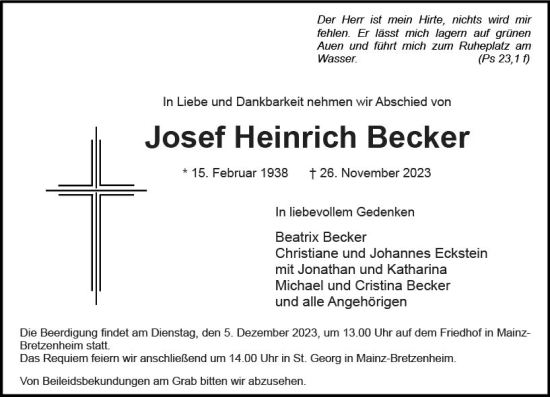 Traueranzeige von Josef Heinrich Becker von Allgemeine Zeitung Mainz