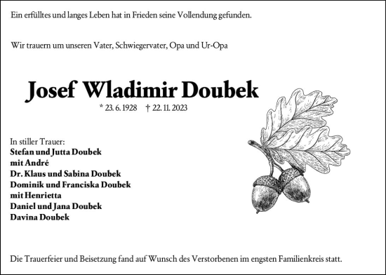 Traueranzeige von Josef Wladimir Doubek von Wiesbadener Kurier