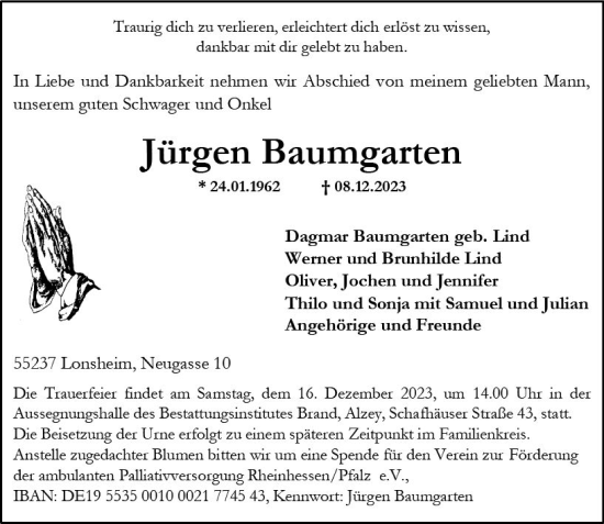 Traueranzeige von Jürgen Baumgarten von Allgemeine Zeitung Alzey