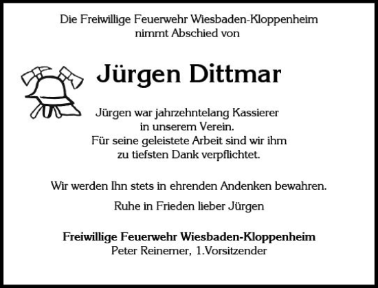 Traueranzeige von Jürgen Dittmar von Wiesbadener Kurier