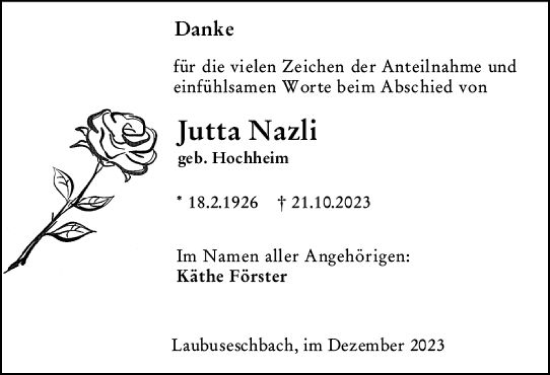 Traueranzeige von Jutta Nazli von Weilburger Tageblatt