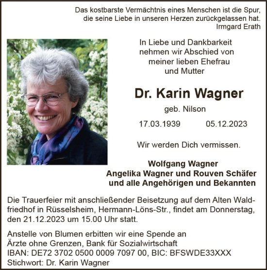 Traueranzeige von Karin Wagner von Rüsselsheimer Echo