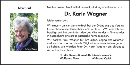 Traueranzeige von Karin Wagner von Rüsselsheimer Echo