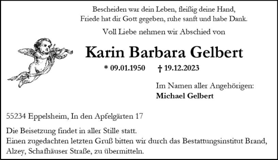 Traueranzeige von Karin Barbara Gelbert von Allgemeine Zeitung Alzey