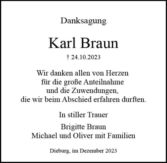 Traueranzeige von Karl Braun von Dieburger Anzeiger/Groß-Zimmerner Lokal-Anzeiger