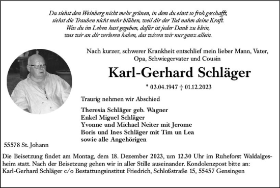 Traueranzeige von Karl-Gerhard Schläger von Allgemeine Zeitung Bingen/Ingelheim