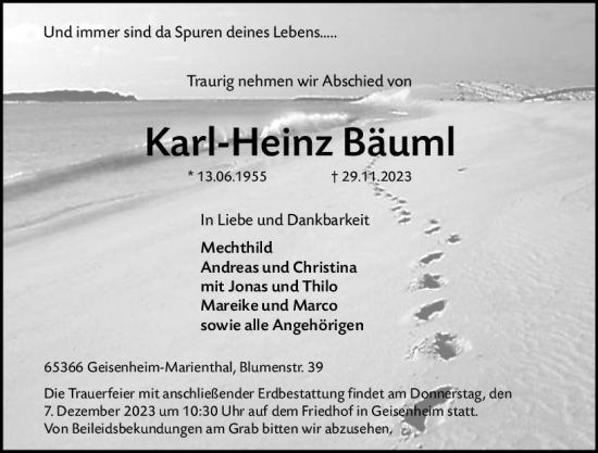 Traueranzeige von Karl-Heinz Bauml von Wiesbadener Kurier