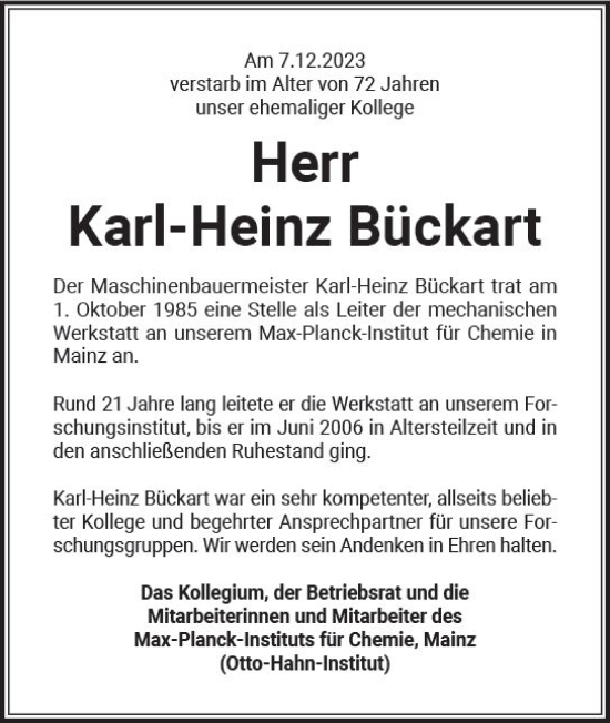 Traueranzeige von Karl-Heinz Bückart von Wiesbadener Kurier
