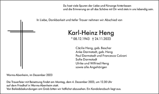 Traueranzeige von Karl-Heinz Heng von Wormser Zeitung