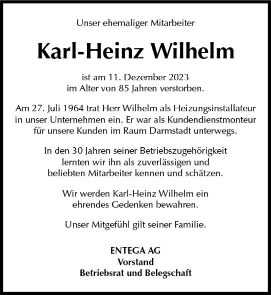 Traueranzeige von Karl-Heinz Wilhelm von Odenwälder Echo