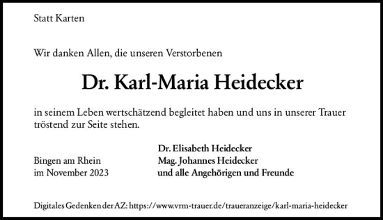 Traueranzeige von Dr. Karl-Maria Heidecker von Allgemeine Zeitung Bingen/Ingelheim