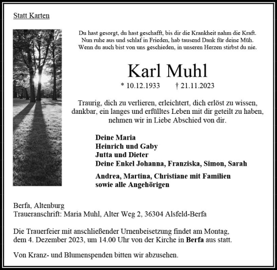 Traueranzeige von Karl Muhl von VRM Trauer