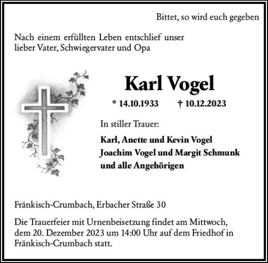 Traueranzeige von Karl Vogel von Odenwälder Echo