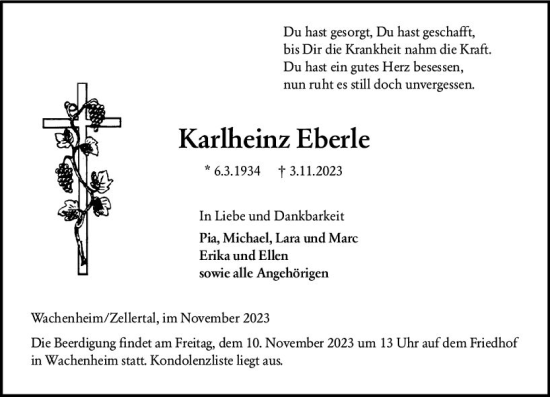 Traueranzeige von Karlheinz Eberle von Wormser Zeitung