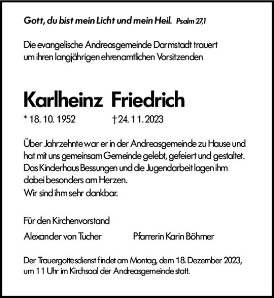 Traueranzeige von Karlheinz Friedrich von Darmstädter Echo