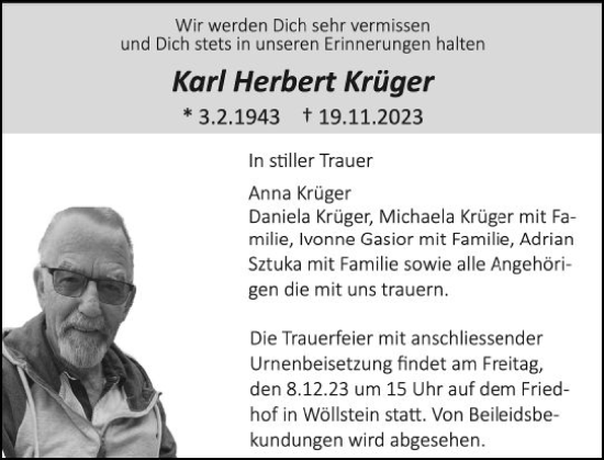 Traueranzeige von Karl Herbert Krüger von Allgemeine Zeitung Alzey