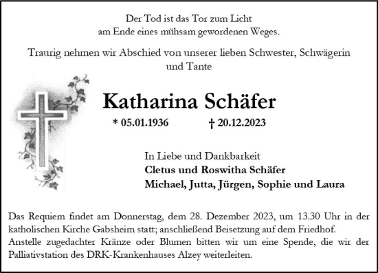 Traueranzeige von Katharina Schäfer von Allgemeine Zeitung Alzey