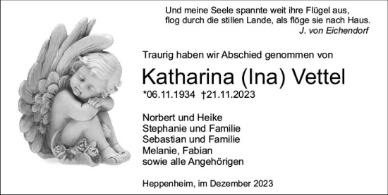 Traueranzeige von Katharina  Vettel von Starkenburger Echo
