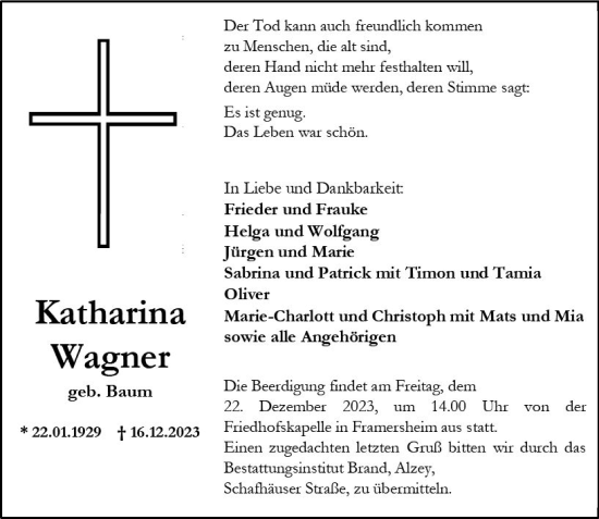 Traueranzeige von Katharina Wagner von Allgemeine Zeitung Alzey