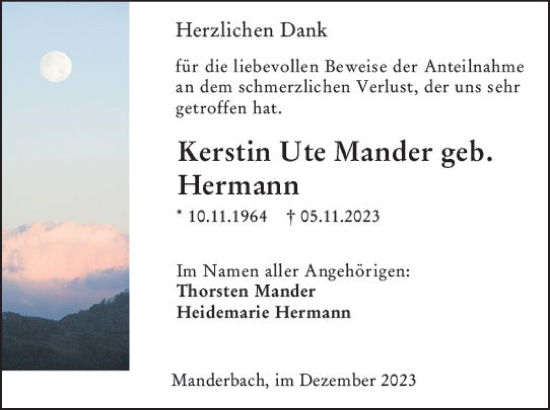Traueranzeige von Kerstin Ute Mander von Dill Block