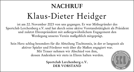Traueranzeige von Klaus-Dieter Heidger von Allgemeine Zeitung Mainz