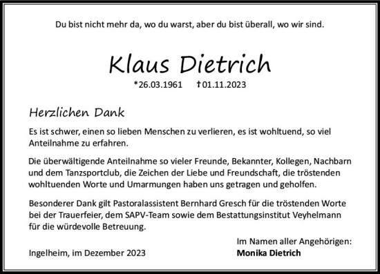 Traueranzeige von Klaus Dietrich von Allgemeine Zeitung Bingen/Ingelheim