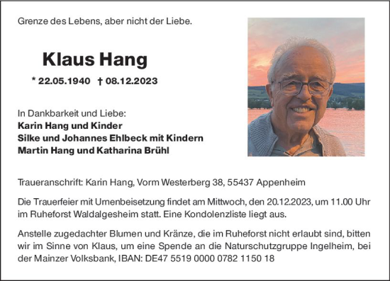 Traueranzeige von Klaus Hang von Allgemeine Zeitung Bingen/Ingelheim