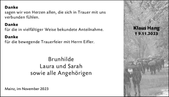 Traueranzeige von Klaus Hang von Allgemeine Zeitung Mainz