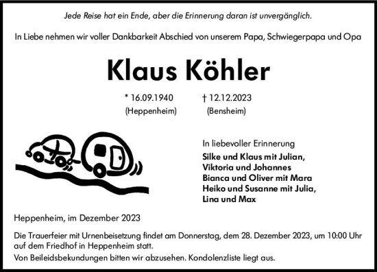 Traueranzeige von Klaus Köhler von Starkenburger Echo