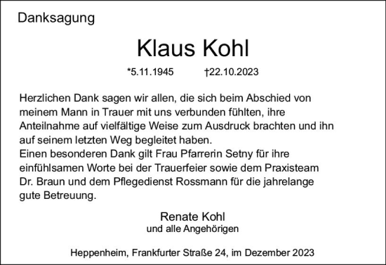 Traueranzeige von Klaus Kohl von Starkenburger Echo