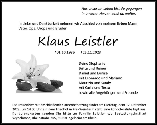 Traueranzeige von Klaus Leistler von Allgemeine Zeitung Bingen/Ingelheim