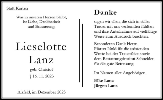 Traueranzeige von Lieselotte Lanz von Oberhessen Kurier