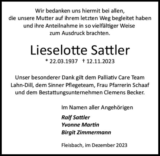 Traueranzeige von Lieselotte Sattler von Dill Block