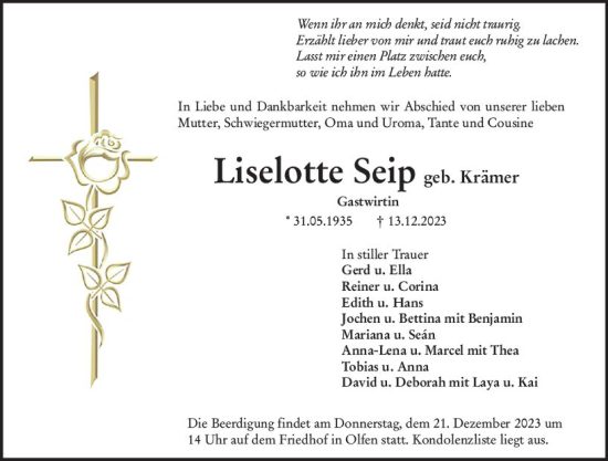 Traueranzeige von Lieselotte Seip von Odenwälder Echo