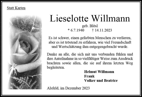 Traueranzeige von Lieselotte Willmann von Oberhessen Kurier